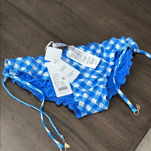 Seafolly US 10 Hipster Tie Side Ciao Bella Check Azure Blue White Gingham Bikini - Picture 7 of 10